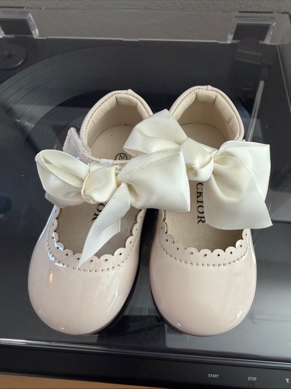 Dior Cream Patent Mary Jane Shoes with Satin Bow